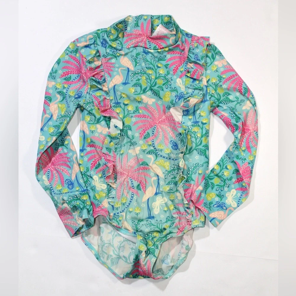 Boden Teal and Pink Long-Sleeve Ruffle One-Piece